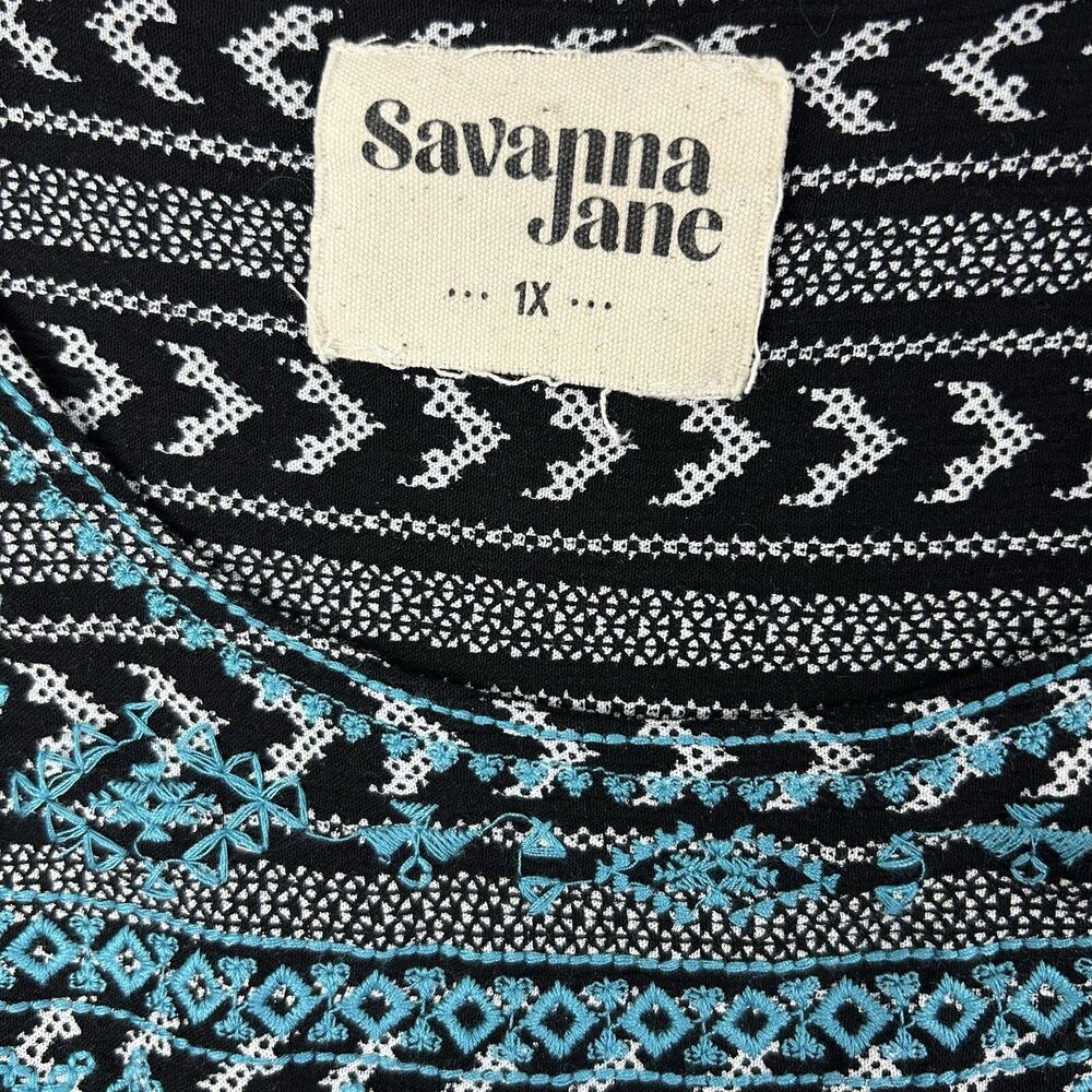 Savana Jane Embroidered Peasant Blouse Size 1X Black Blue Boho Hippie Cap Sleeve - Picture 7 of 10